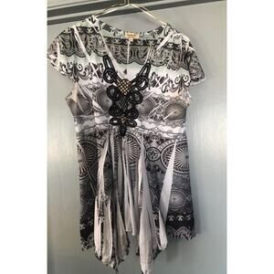 One World Women's White Gray Green Top Butterfly Sleeves Size M Whimsygoth